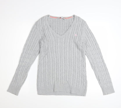 Crew Clothing Co. Women's Grey Cotton Cable Knit V-Neck Jumper Size 16