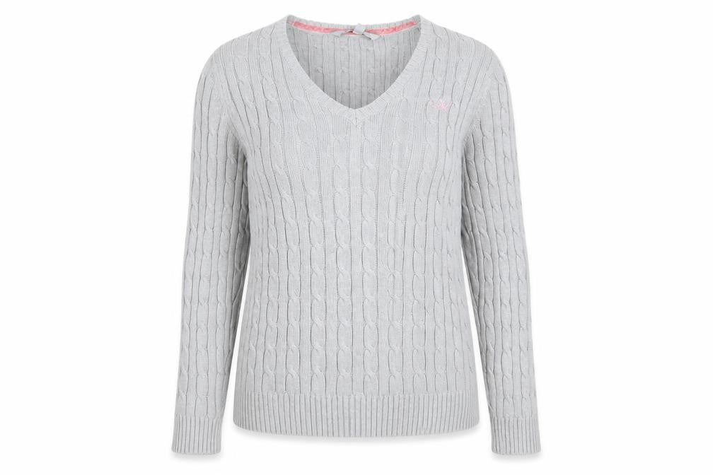 Crew Clothing Co. Women's Grey Cotton Cable Knit V-Neck Jumper Size 16