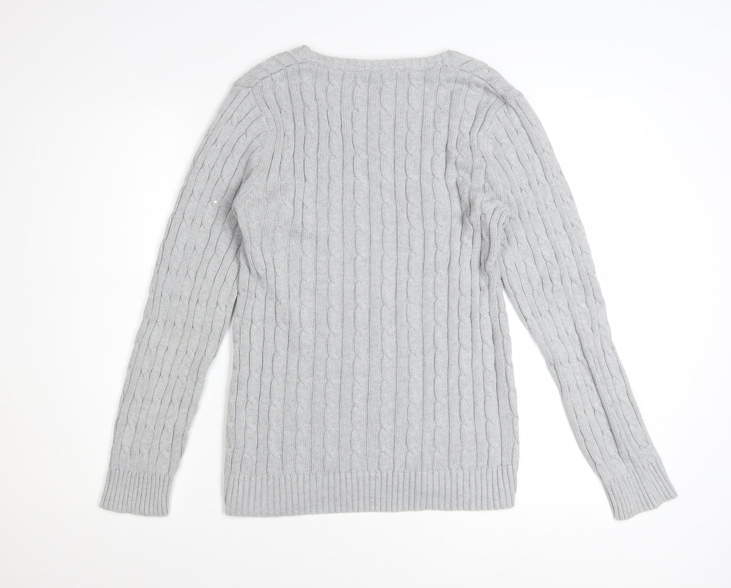 Crew Clothing Co. Women's Grey Cotton Cable Knit V-Neck Jumper Size 16