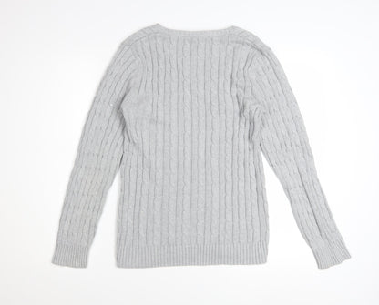 Crew Clothing Co. Women's Grey Cotton Cable Knit V-Neck Jumper Size 16