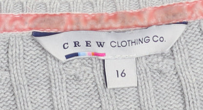Crew Clothing Co. Women's Grey Cotton Cable Knit V-Neck Jumper Size 16