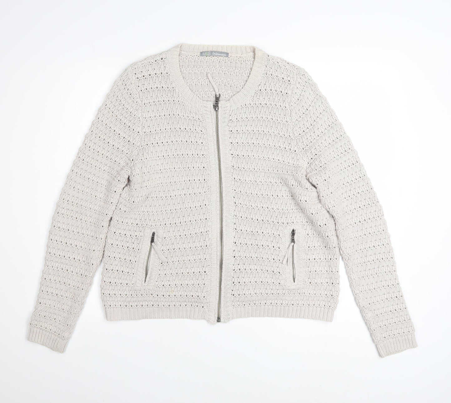 Marks and Spencer Women Beige Full Zip Knit Cotton Jumper UK 14