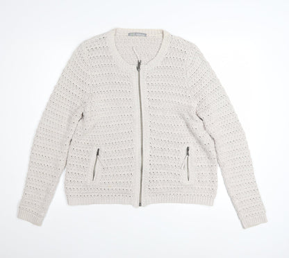 Marks and Spencer Women Beige Full Zip Knit Cotton Jumper UK 14