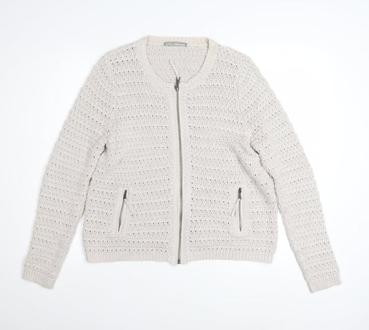 Marks and Spencer Women Beige Full Zip Knit Cotton Jumper UK 14