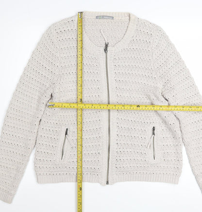 Marks and Spencer Women Beige Full Zip Knit Cotton Jumper UK 14