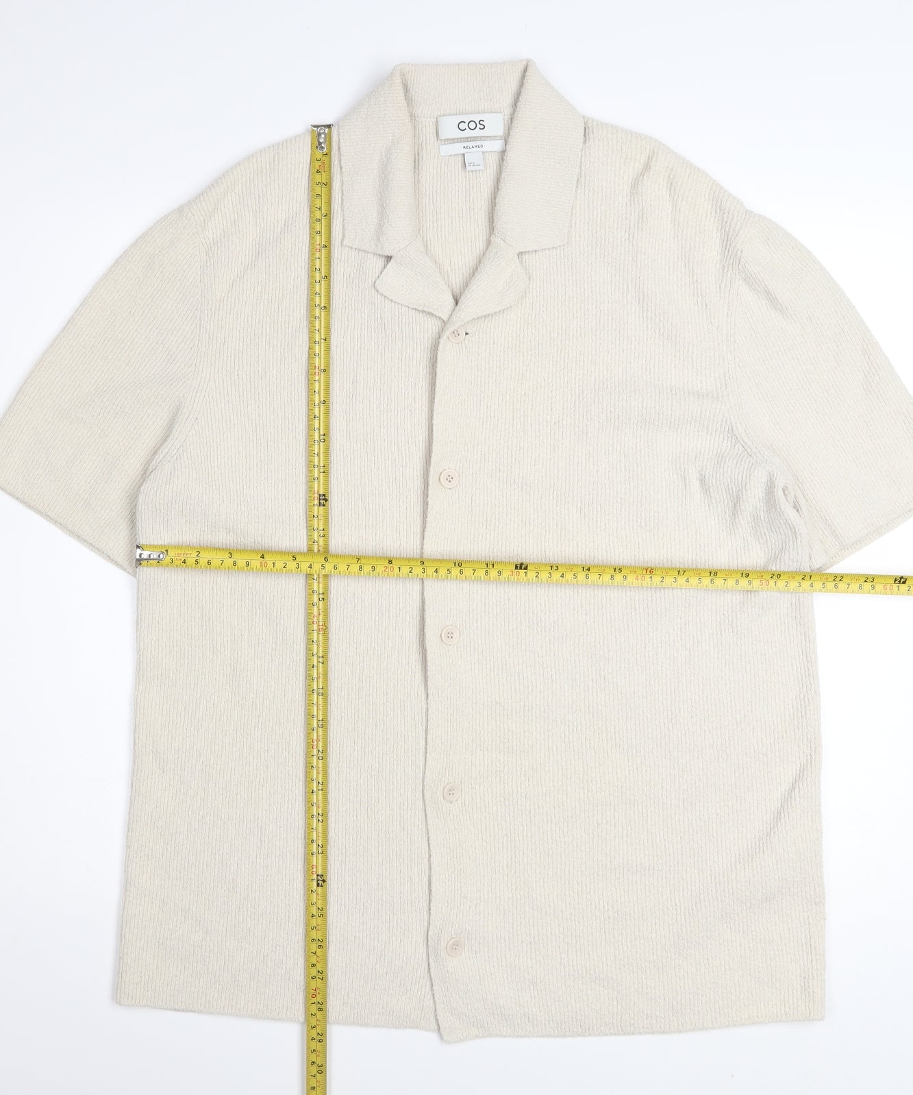 COS Men’s Beige Relaxed Fit Cotton Knit Short Sleeve Button-Up Shirt Size M