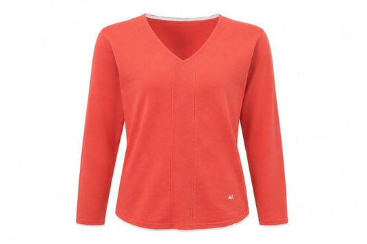 Front view of Mantaray Women's Red Cotton V-Neck Long Sleeve Jumper, size 10