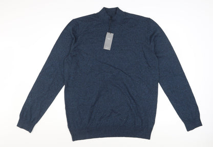 Marks and Spencer Men’s Blue L 1/4 Zip Mock Neck Cotton Jumper