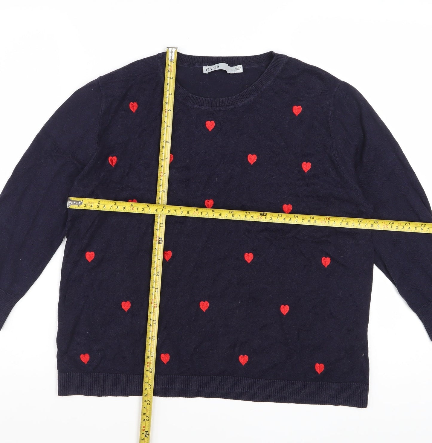 Oasis Women Blue Cotton Blend Heart Pullover Jumper L