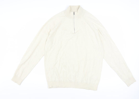 Marks and Spencer Men's Beige M 1/2 Zip High Neck Cotton Jumper