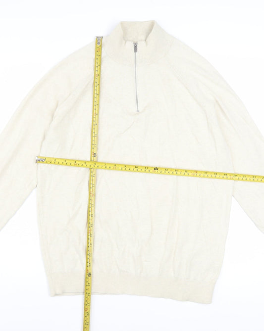 Marks and Spencer Men's Beige M 1/2 Zip High Neck Cotton Jumper