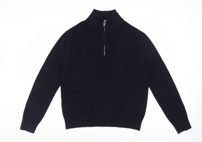H&M Men Black Cotton 1/2 Zip High Neck Slim Fit Jumper L