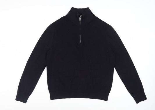 H&M Men Black Cotton 1/2 Zip High Neck Slim Fit Jumper L