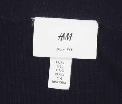 H&M Men Black Cotton 1/2 Zip High Neck Slim Fit Jumper L