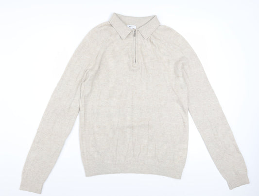 Reiss Men’s Beige Collared Full Zip Knit Jumper M