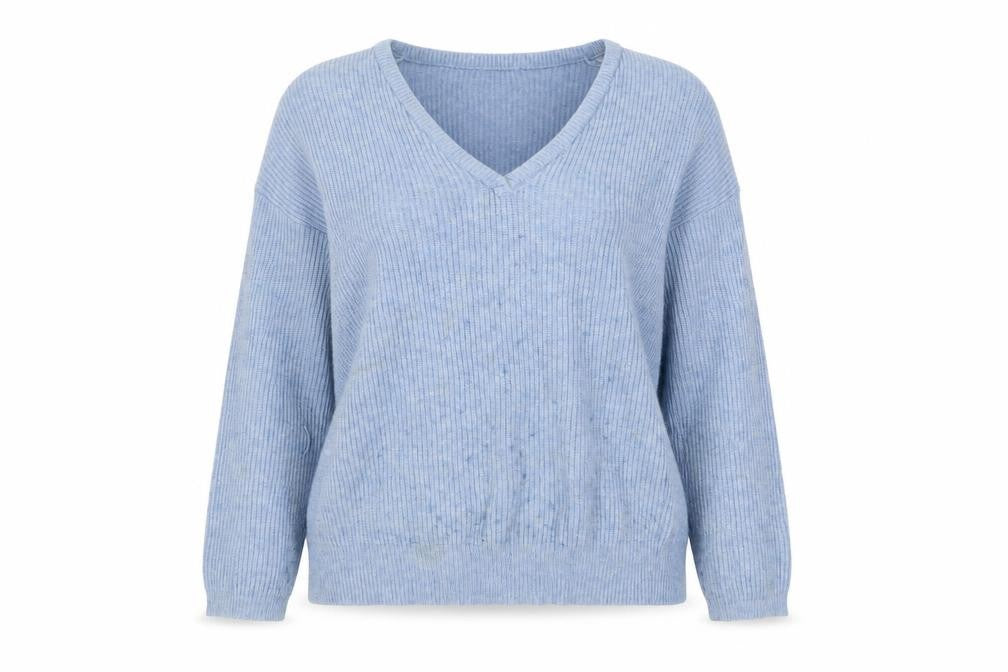 Pull & Bear Women's Blue V-Neck Ribbed Knit Jumper Size S