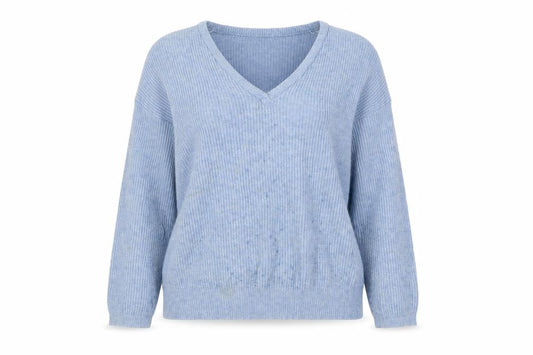 Pull & Bear Women's Blue V-Neck Ribbed Knit Jumper Size S
