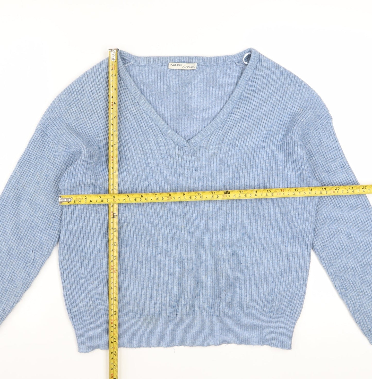 Pull & Bear Women's Blue V-Neck Ribbed Knit Jumper Size S
