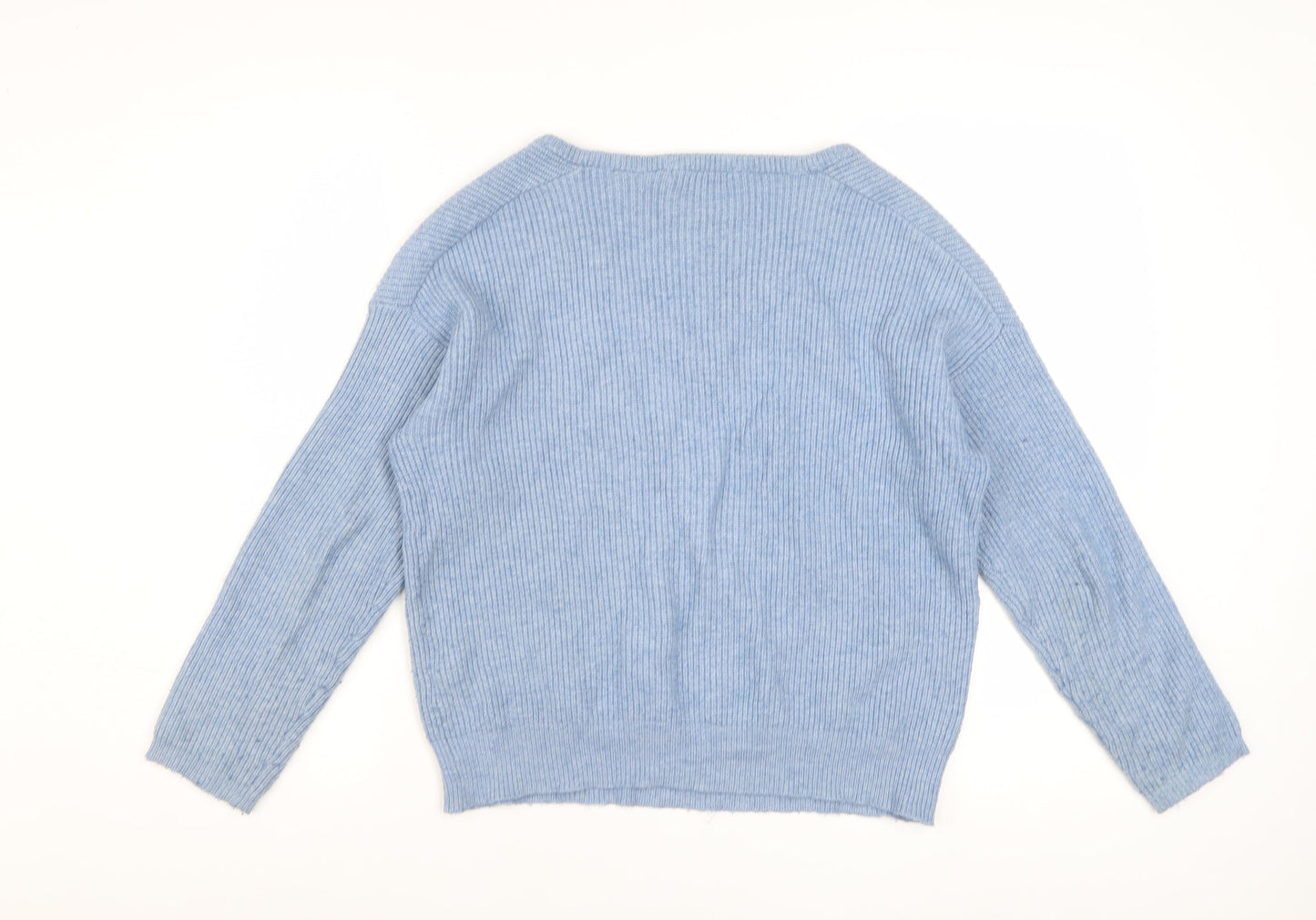Pull & Bear Women's Blue V-Neck Ribbed Knit Jumper Size S