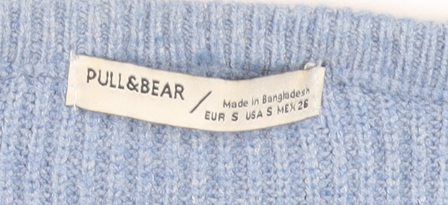 Pull & Bear Women's Blue V-Neck Ribbed Knit Jumper Size S