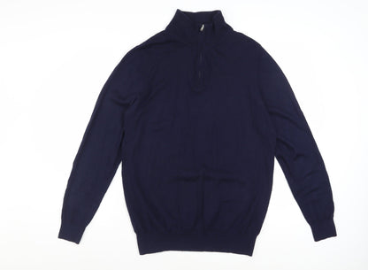 John Lewis & Partners Men's Blue Merino Wool 1/4 Zip Jumper L