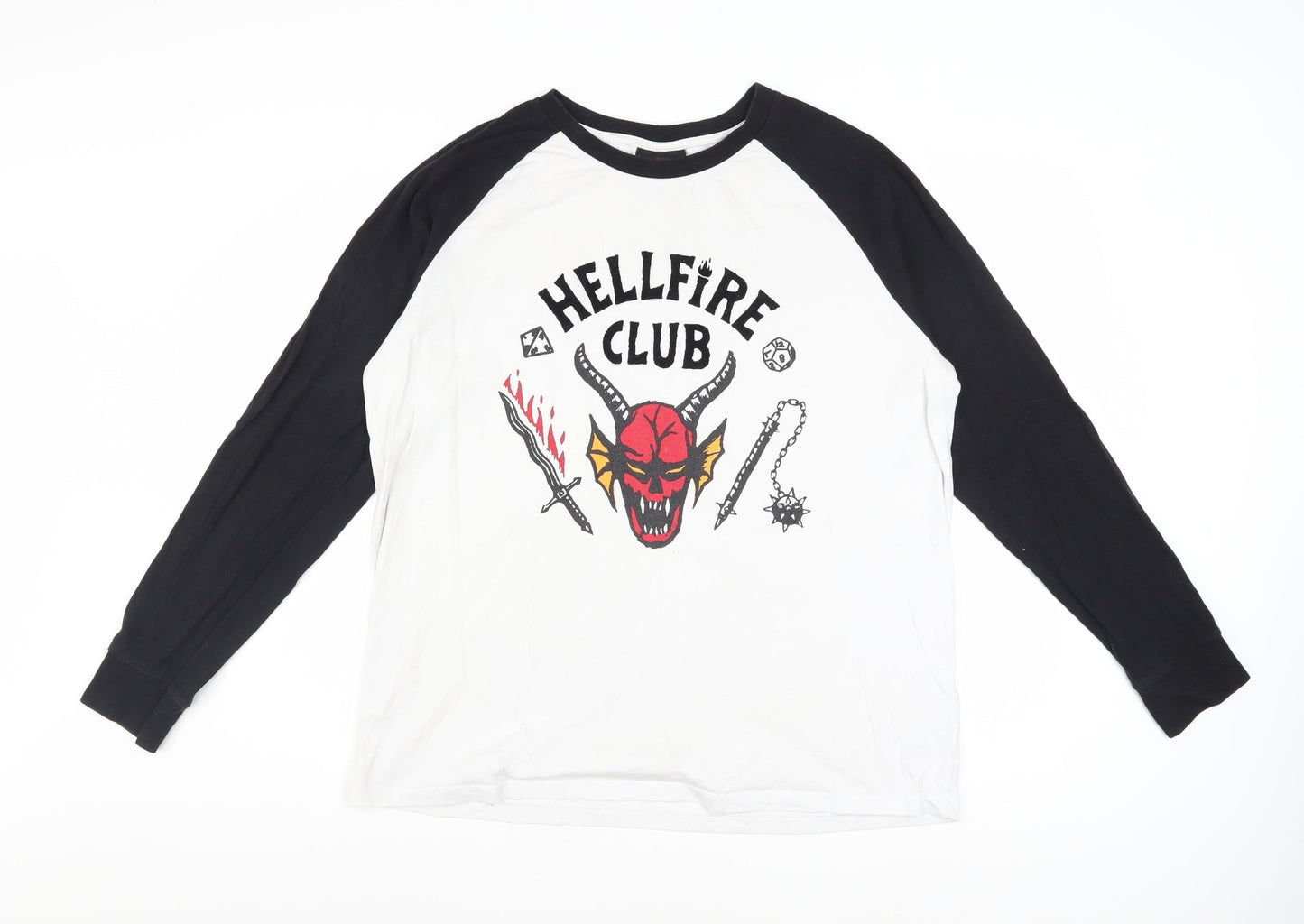 Stranger Things Hellfire Club Black & White Long Sleeve Men's L Cotton T-Shirt