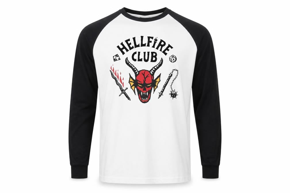 Stranger Things Hellfire Club Black & White Long Sleeve Men's L Cotton T-Shirt