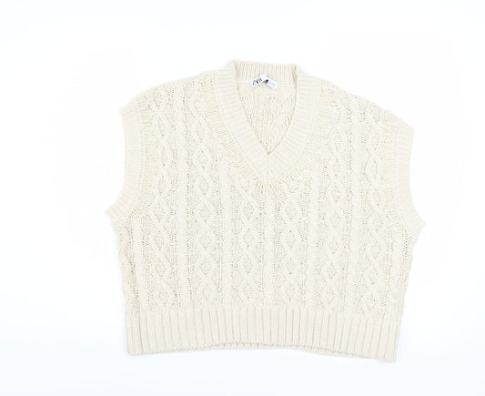 Zara Women Beige Cable-Knit V-Neck Vest Jumper L