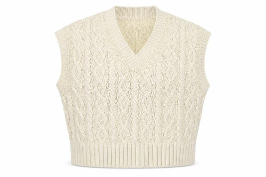 Zara Women Beige Cable-Knit V-Neck Vest Jumper L