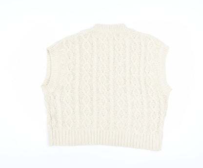 Zara Women Beige Cable-Knit V-Neck Vest Jumper L
