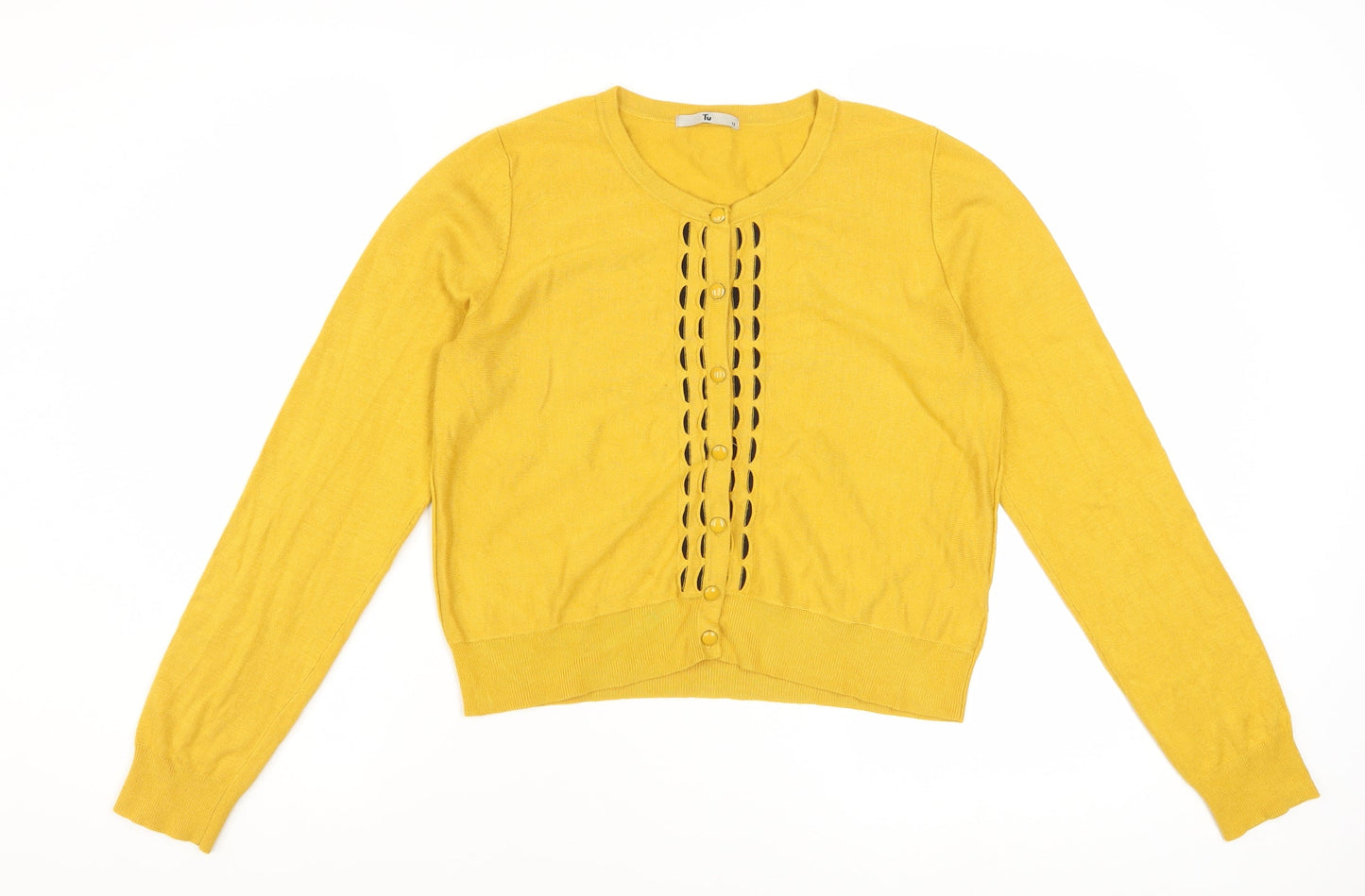 Tu Women’s Yellow Long Sleeve Crew Neck Cardigan Size 12 Knit