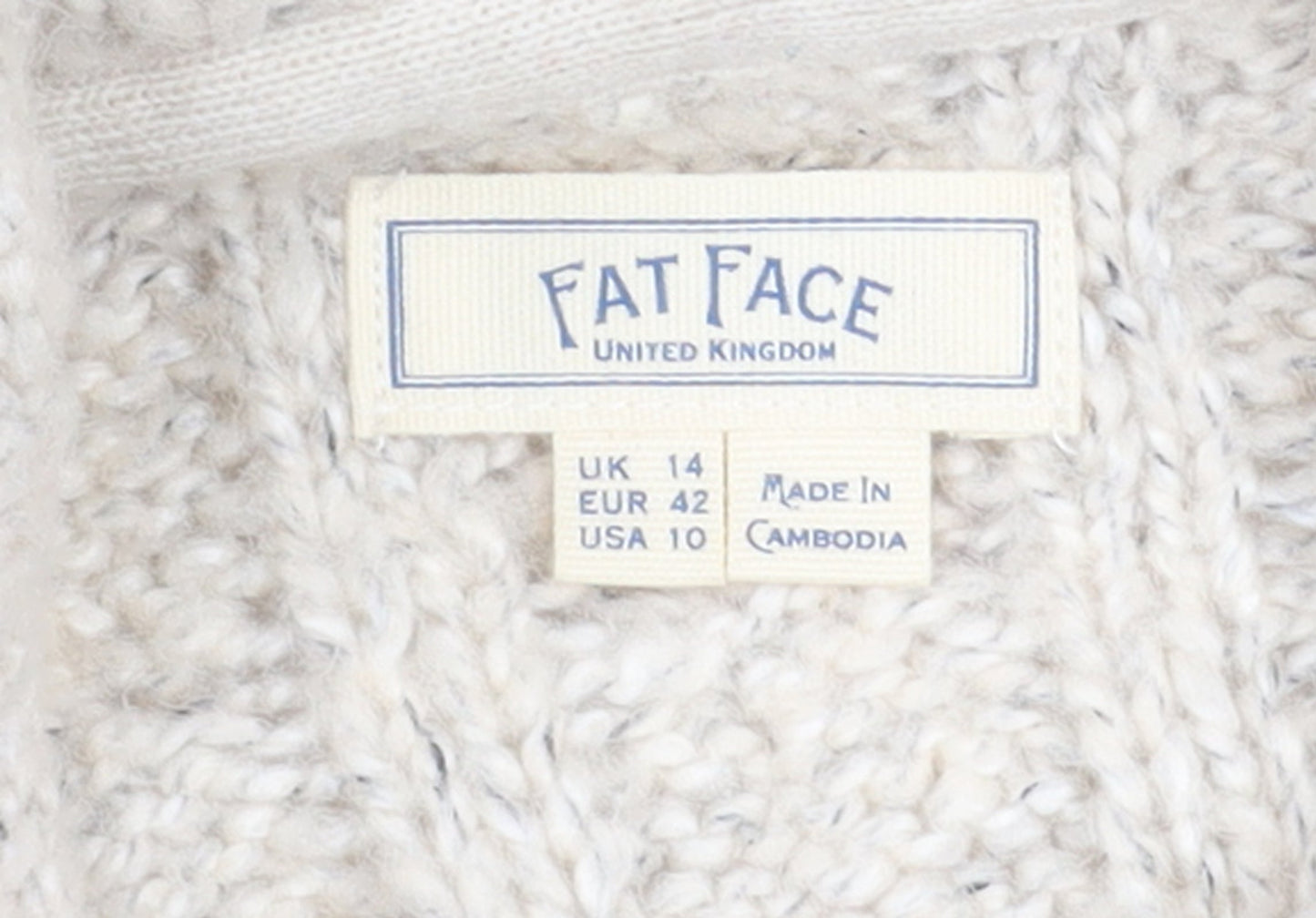 Fat Face Women’s Beige Cable Knit Hooded Zip Jumper UK 14