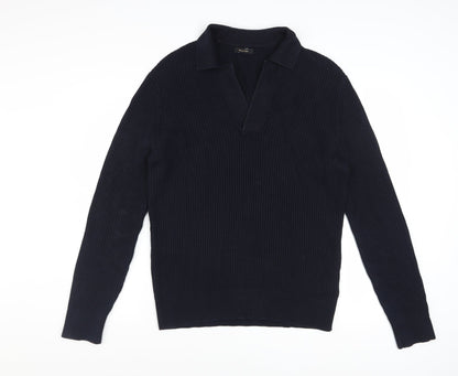 Massimo Dutti Men's Blue Cotton Collared Ribbed Jumper Size M