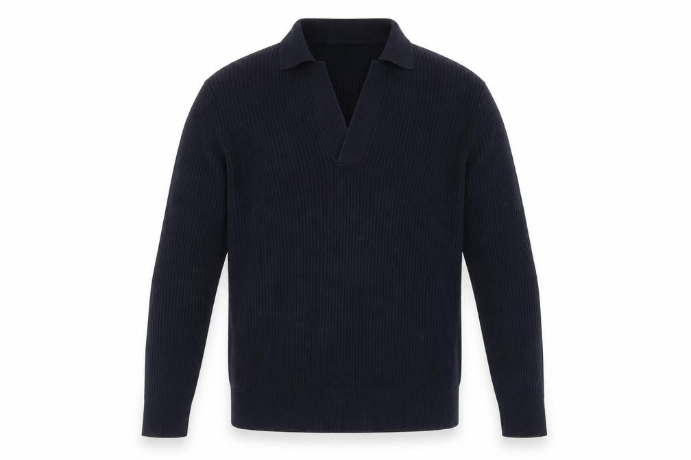 Massimo Dutti Men's Blue Cotton Collared Ribbed Jumper Size M