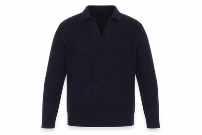 Massimo Dutti Men's Blue Cotton Collared Ribbed Jumper Size M