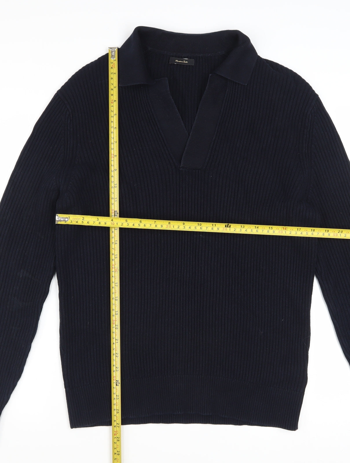 Massimo Dutti Men's Blue Cotton Collared Ribbed Jumper Size M