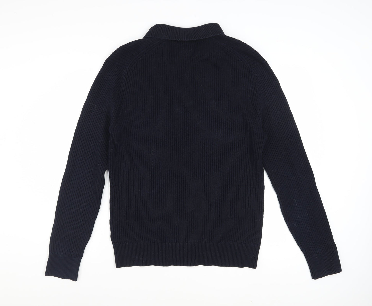 Massimo Dutti Men's Blue Cotton Collared Ribbed Jumper Size M