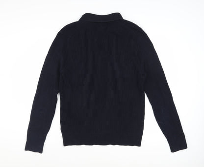 Massimo Dutti Men's Blue Cotton Collared Ribbed Jumper Size M