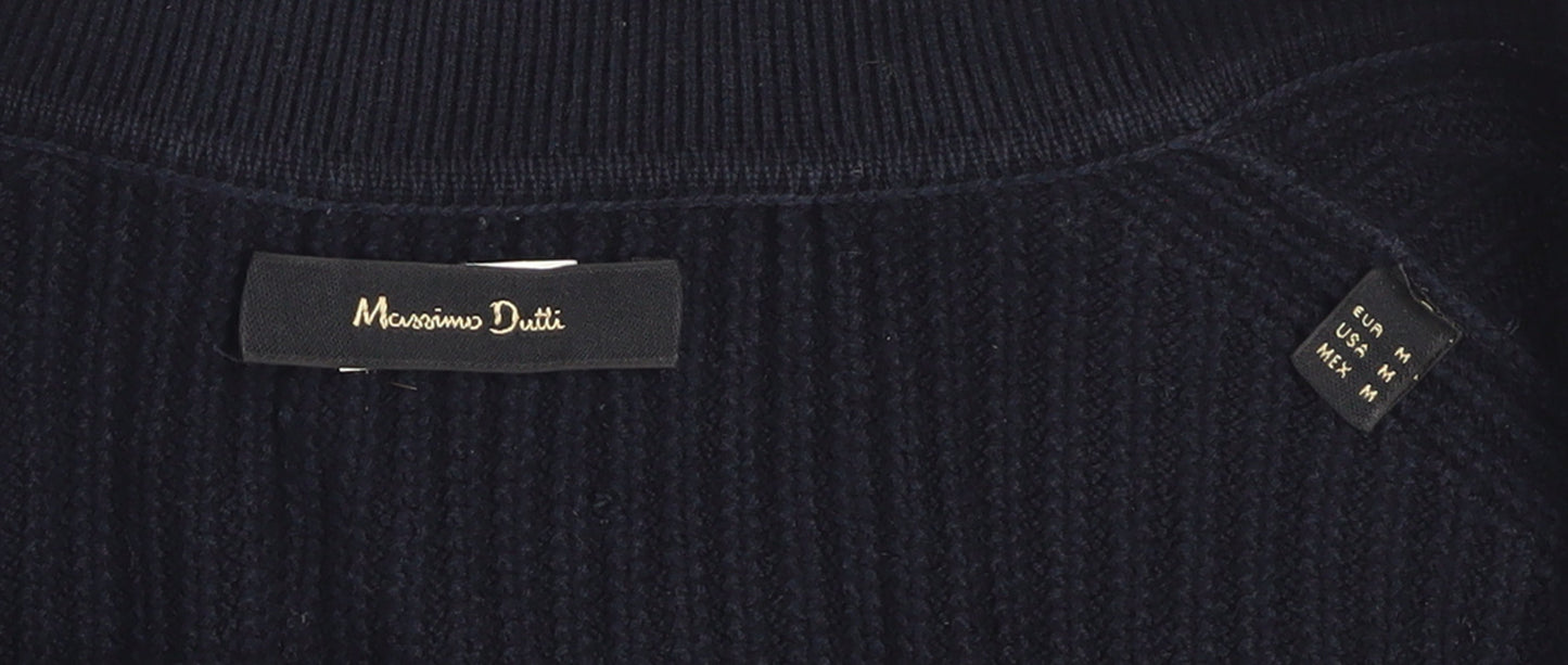 Massimo Dutti Men's Blue Cotton Collared Ribbed Jumper Size M