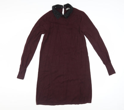 Oasis Womens Brown Beaded Collar Shift Dress XS Long Sleeve