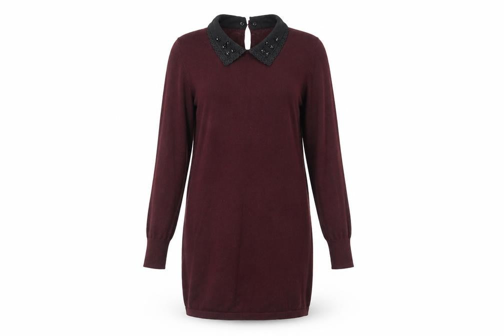 Oasis Womens Brown Beaded Collar Shift Dress XS Long Sleeve