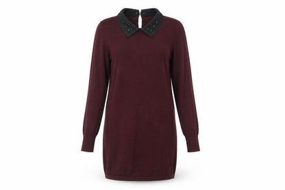 Oasis Womens Brown Beaded Collar Shift Dress XS Long Sleeve