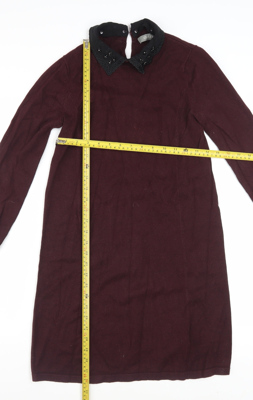 Oasis Womens Brown Beaded Collar Shift Dress XS Long Sleeve