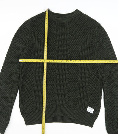 Jack & Jones Men's Green Chunky-Knit Cotton Acrylic Crew Neck Jumper M