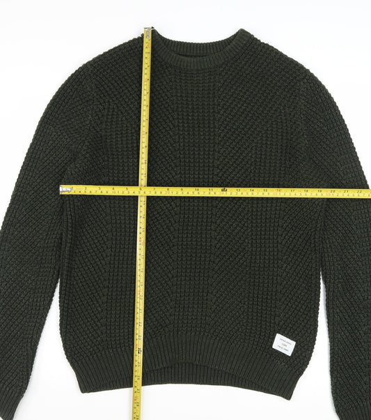 Jack & Jones Men's Green Chunky-Knit Cotton Acrylic Crew Neck Jumper M
