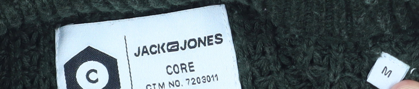 Jack & Jones Men's Green Chunky-Knit Cotton Acrylic Crew Neck Jumper M