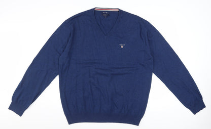 Gant Men's Blue V-Neck Cotton Wool Pullover Jumper XL