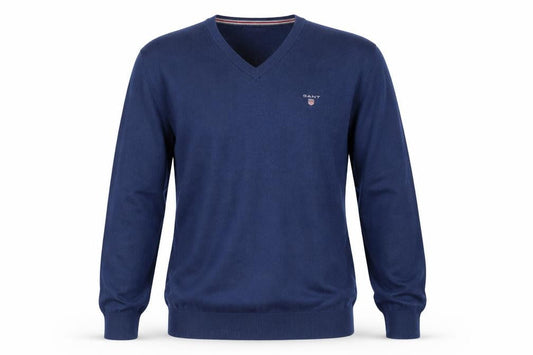 Gant Men's Blue V-Neck Cotton Wool Pullover Jumper XL