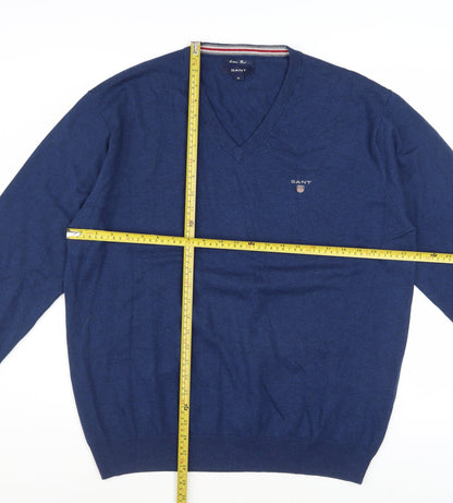 Gant Men's Blue V-Neck Cotton Wool Pullover Jumper XL