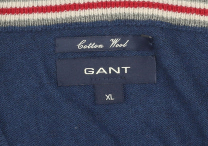 Gant Men's Blue V-Neck Cotton Wool Pullover Jumper XL